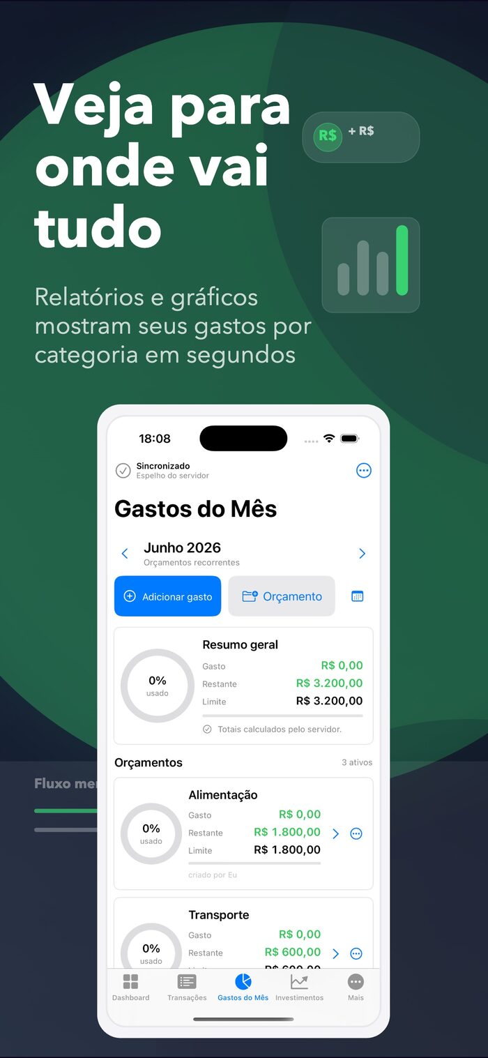 Gastos do mês no CosmoFinanças com orçamentos por categoria e valores restantes