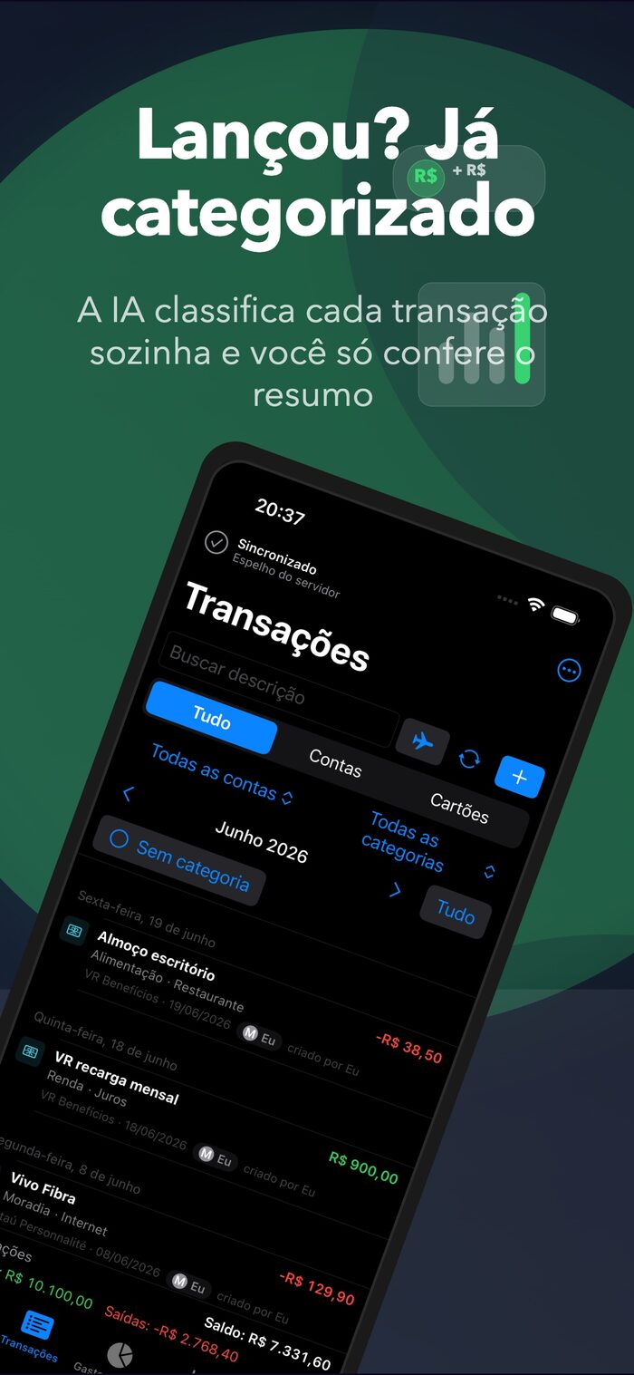 Lista de transações do CosmoFinanças com busca, categorias e valores