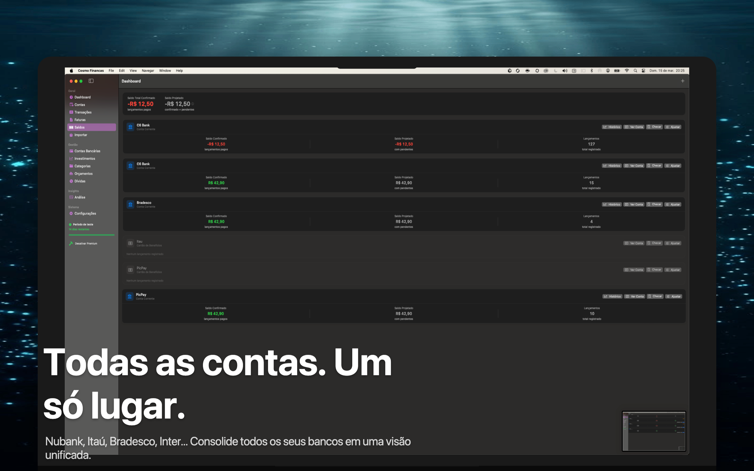 Visão geral de todas as contas